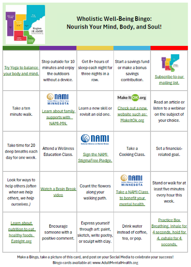 Bingo Card for Mental Health